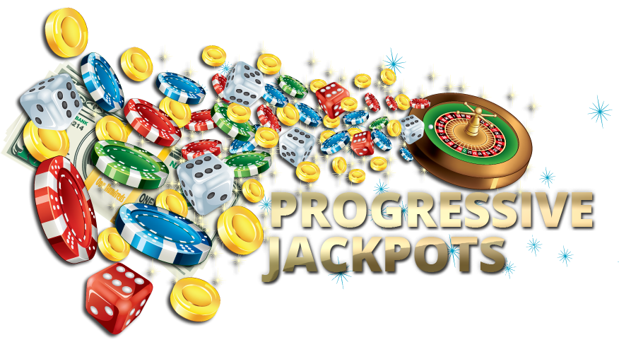 Летящие фишки, кости, золотые монеты и колесо рулетки и надпись Progressive Jackpot