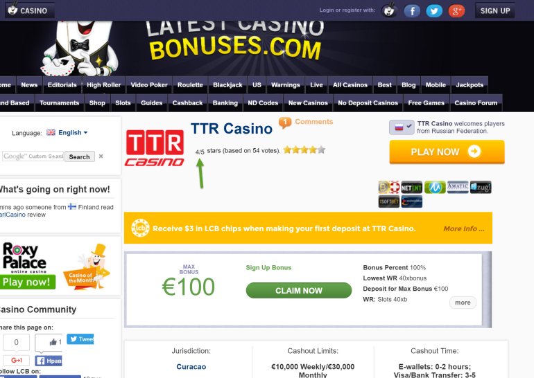 Latestcasinobonuses.com дал 4 из 5, нулевому казино